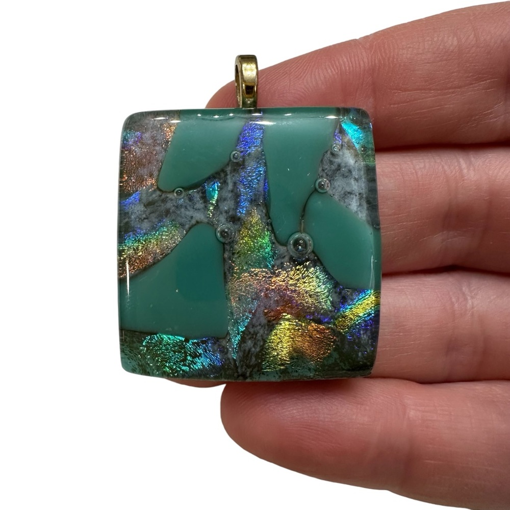 Square Resin Pendant Teal and Rainbow Iridescent